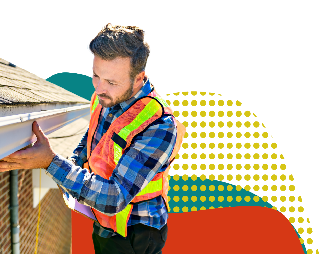 man inspecting roof and gutters