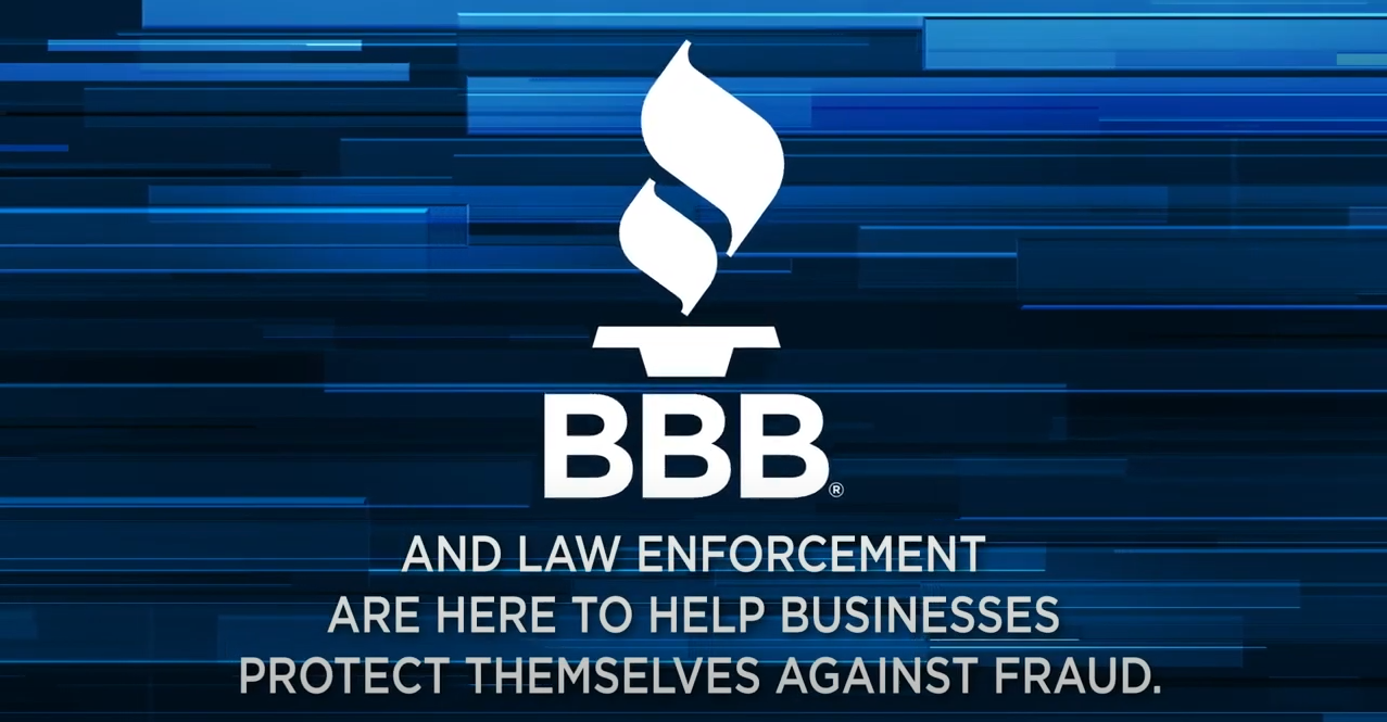 BBB logo with text below on blue and black background