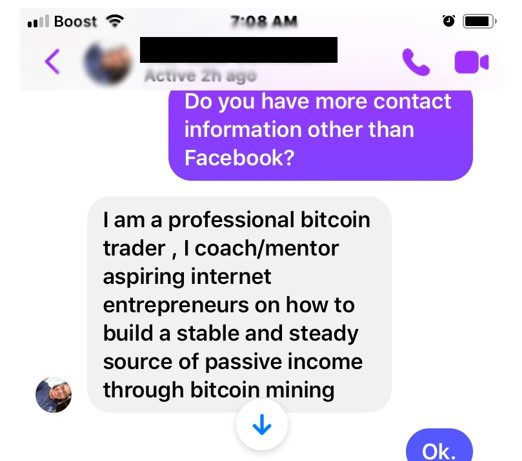 Facebook message from scam victim to scammer