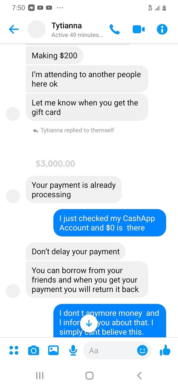 Text message from gift card payment scammer 5