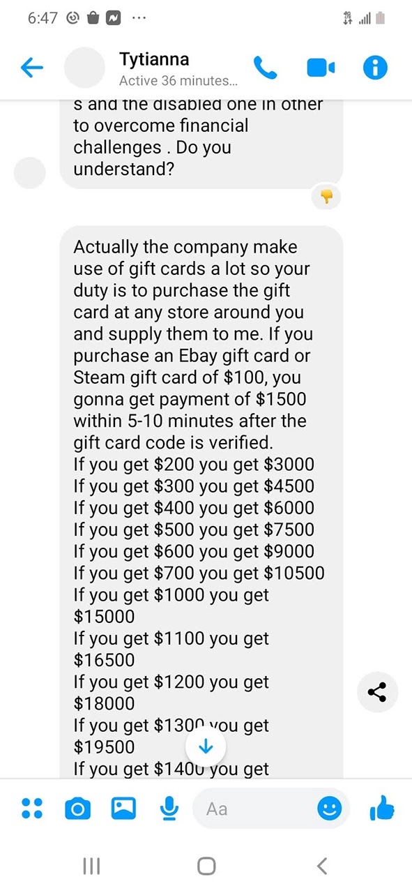 Text message from gift card payment scammer 2
