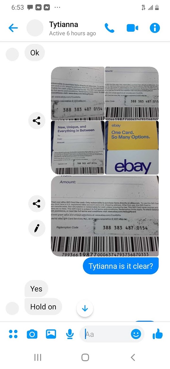 Text message from gift card payment scammer 9