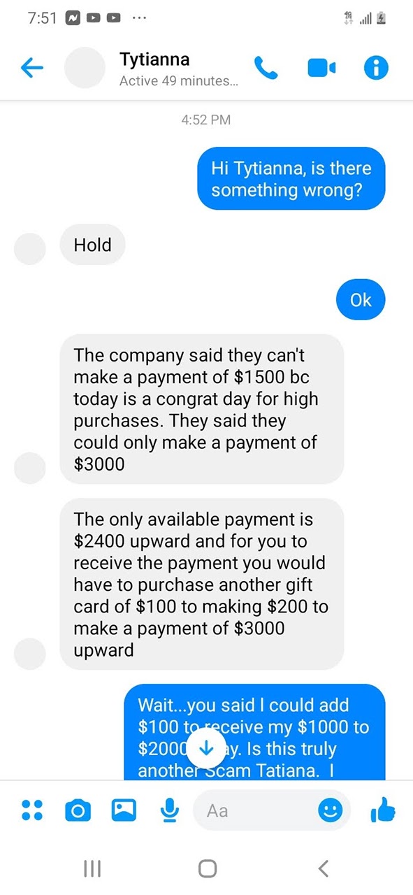 Text message from gift card payment scammer 6