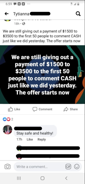 Facebook post from gift card payment scam study
