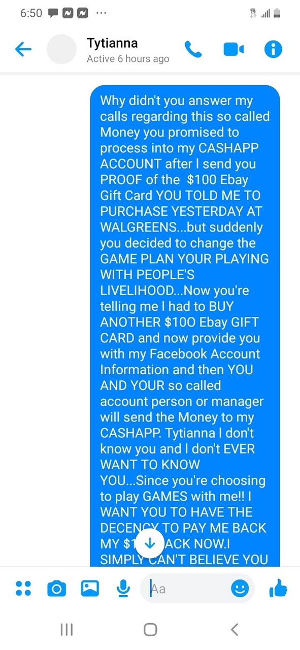 Text message from gift card payment scammer 7