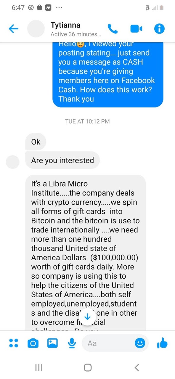 Text message from gift card payment scammer 1