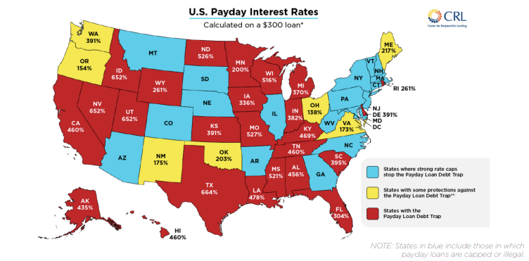 U.S. Payday Interest Rates by state