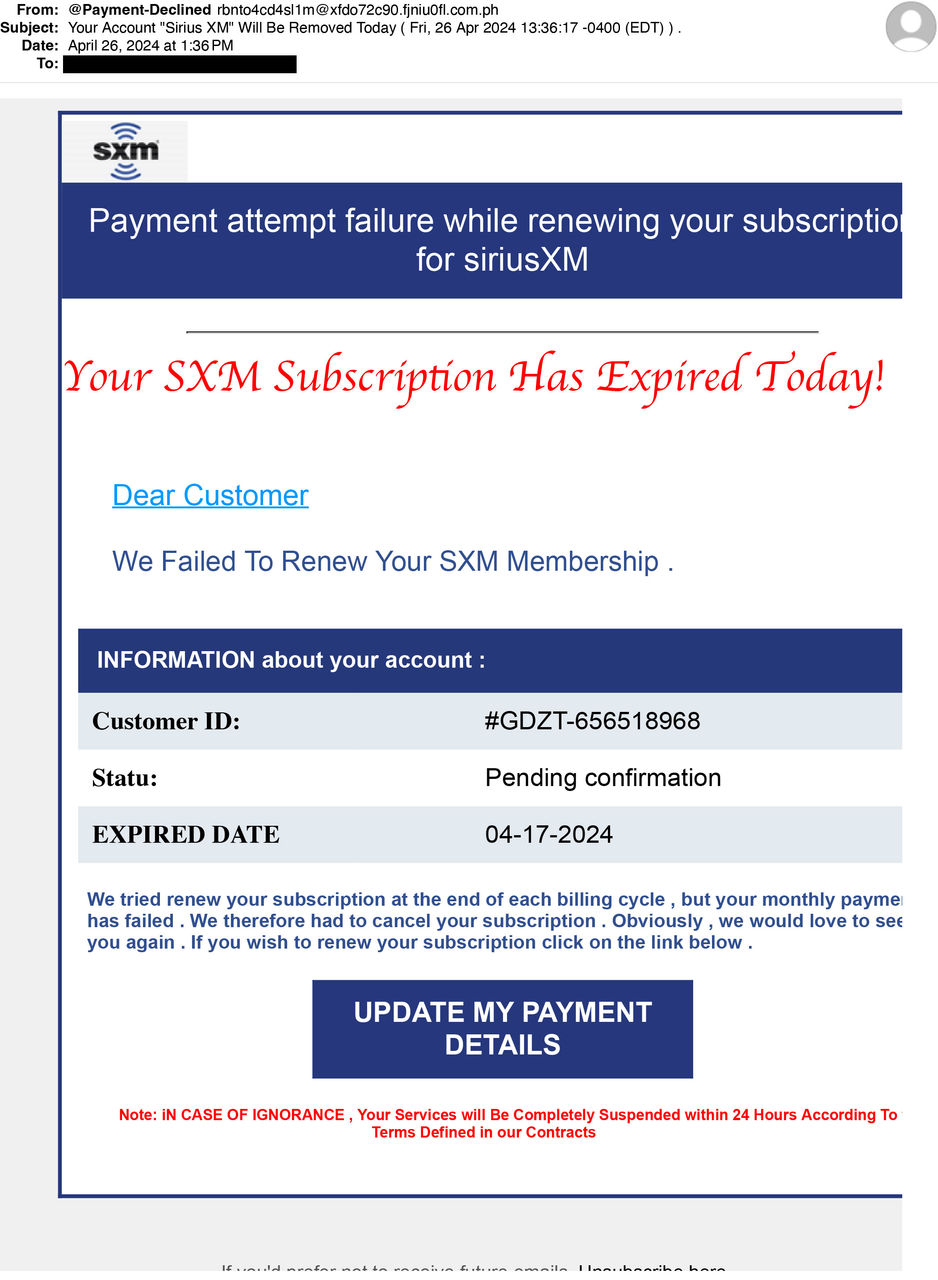 subscription phishing scam