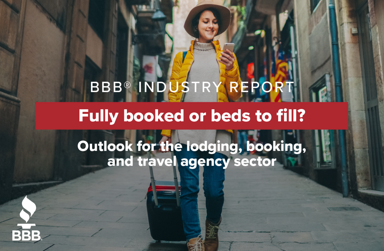 woman walking with luggage and looking at smartphone with "BBB Industry Report Fully booked or beds to fill? Outlook for the lodging, booking, and travel agency sector" in white text