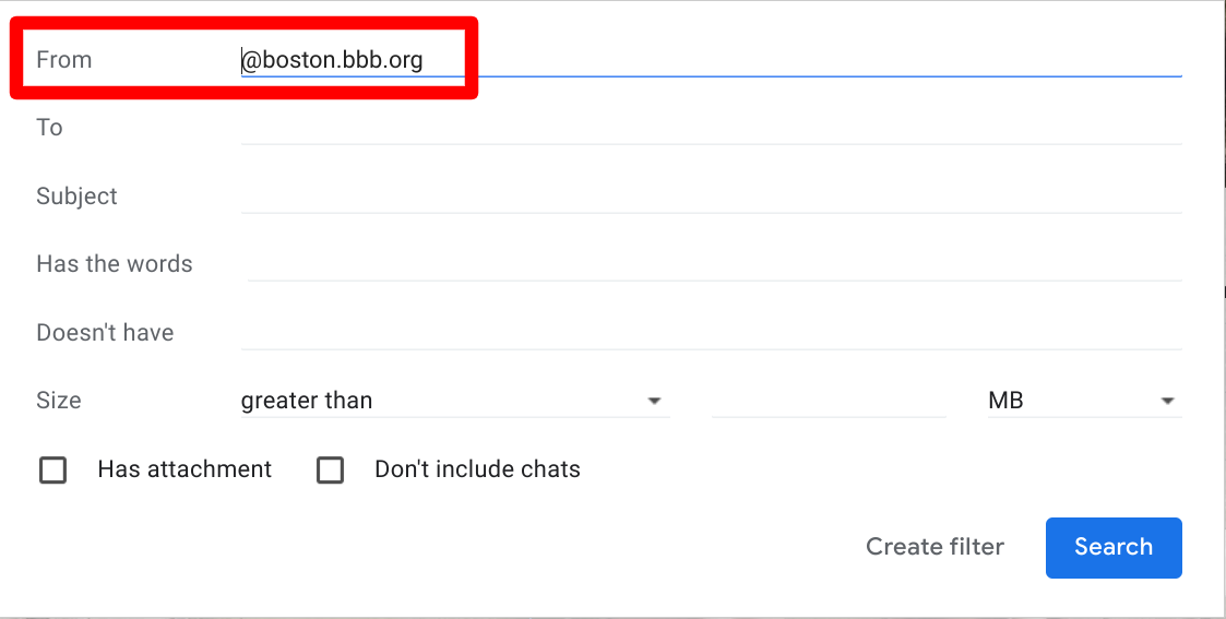 How to create label in Gmail "From @boston.bbb.org"