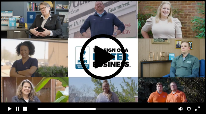 3x3 grid with 8 business owners/charity leaders and the BBB sign of a better business logo with play video button