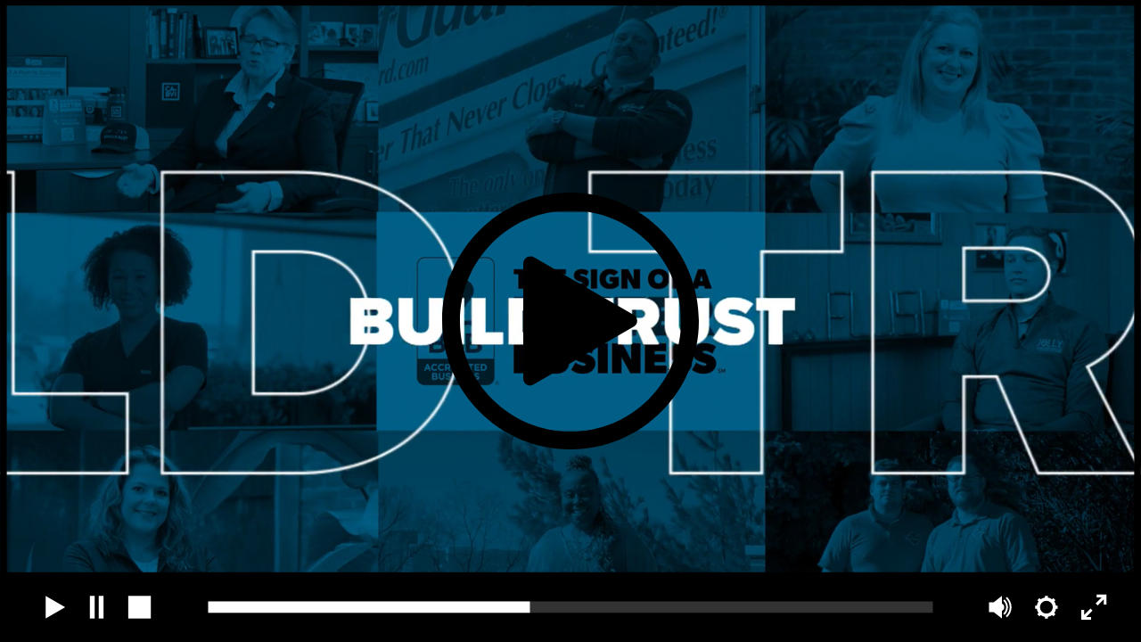 blue overlay with text "build trust" and video play button