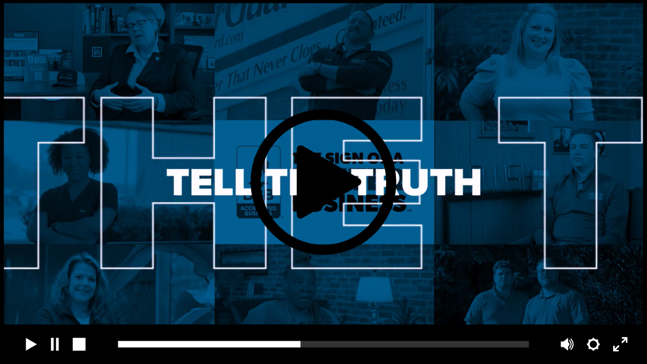 blue overlay with text "tell the truth" and video play button