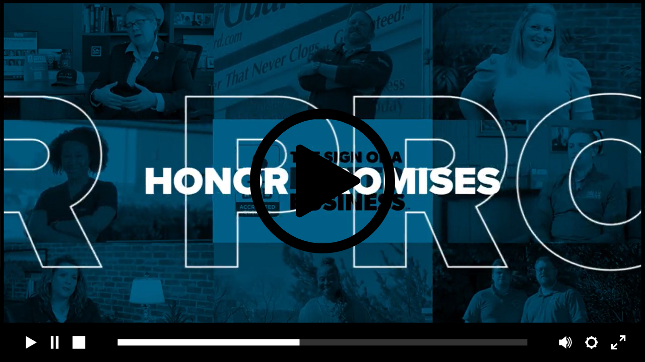 blue overlay with text "honor promises" and video play button