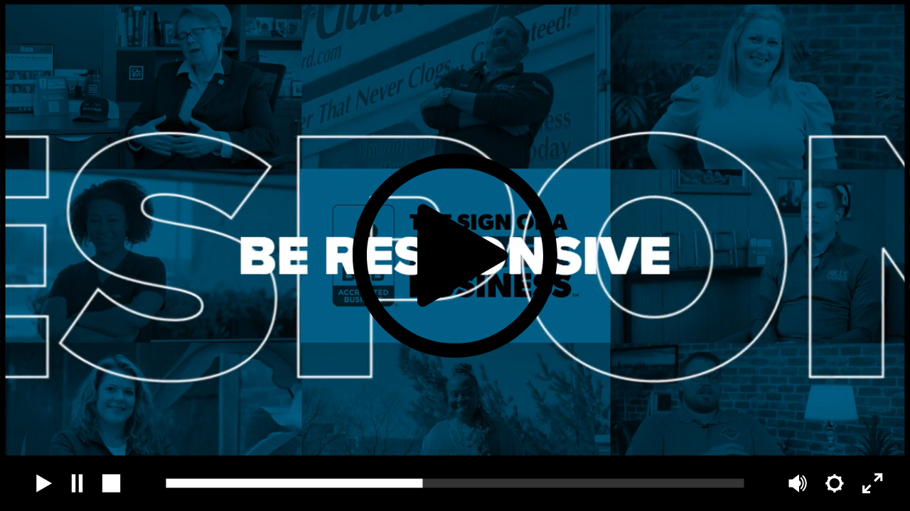 blue overlay with text "be responsive" and video play button