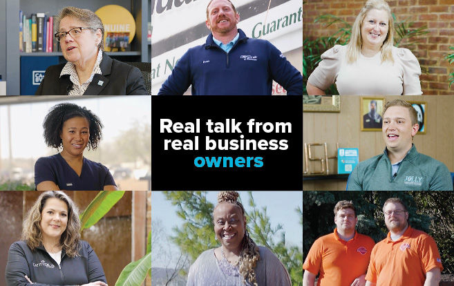 grid of 8 business owners/charity leaders with text "real talk from real business owners"