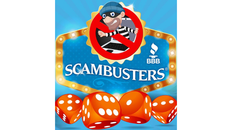 BBB Scambusters® Logo blue background robber dice graphic
