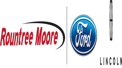 white background with rountree moore written in red next to that is blue oval with ford written in it next to that lincoln is written in black