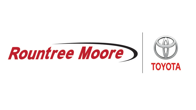 white background with the word rountree moore written in red next to that toyota written in red with the toyota logo in silver above
