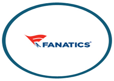 white background inside of a blue circle is a red flag with a blue person holding it with the word fanatics written in blue
