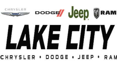 written on white background is lake city above that is chrysler with wings under it dodge with 2 red lines jeep in green ram with shield chrysler dodge jeep ram under lake city