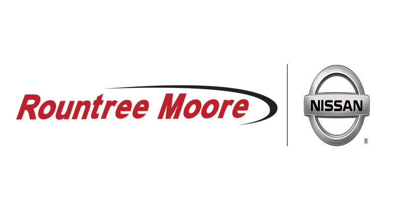 white background with the word rountree moore written in red next to it silver circle with silver banner through the middle with the word nissan written in black