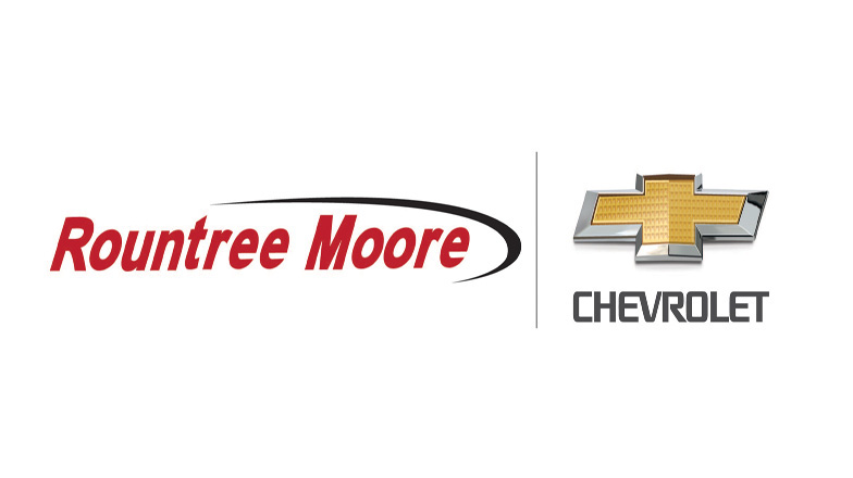 white background is written with red rountree moore and next to that chevrolet with the bowtie emblem above