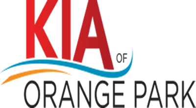 White background Kia is written in red of orange park in back with blue and orange wavy lines under the word kia of