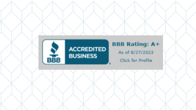 BBB's Accredited Business seal with text next to it that says BBB rating A+ as of 8/27/2023 Click for Profile