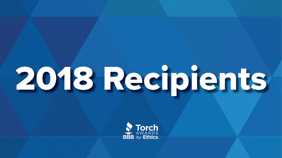 2018 Recipients text overlayed on BBB Torch Awards in background