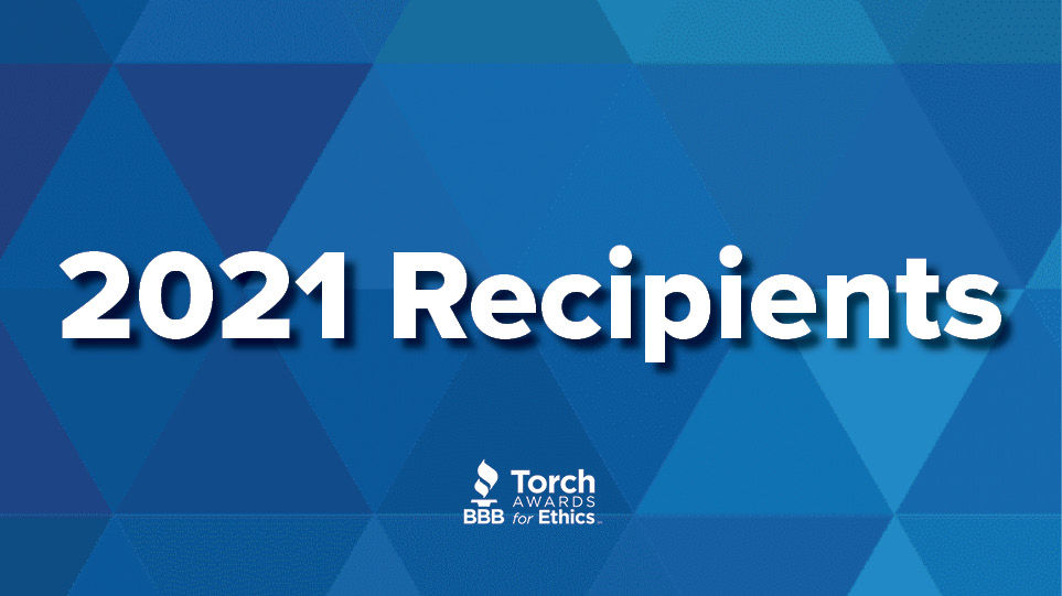 2021 Recipients text overlayed on BBB Torch Awards in background