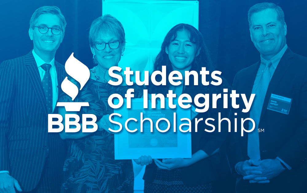 Large white "BBB Students of Integrity" logo on top of blue hued image of a student and BBB leadership posing with a scholarship certificate
