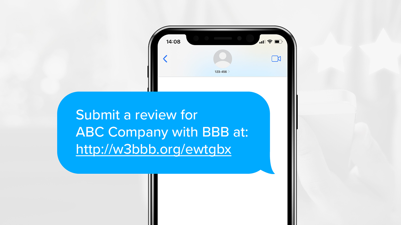 submit a review for a company text overlayed on picture of phone
