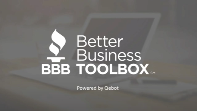 BBB Logo, Better Business Toolbox Powered by Qebot, laptop